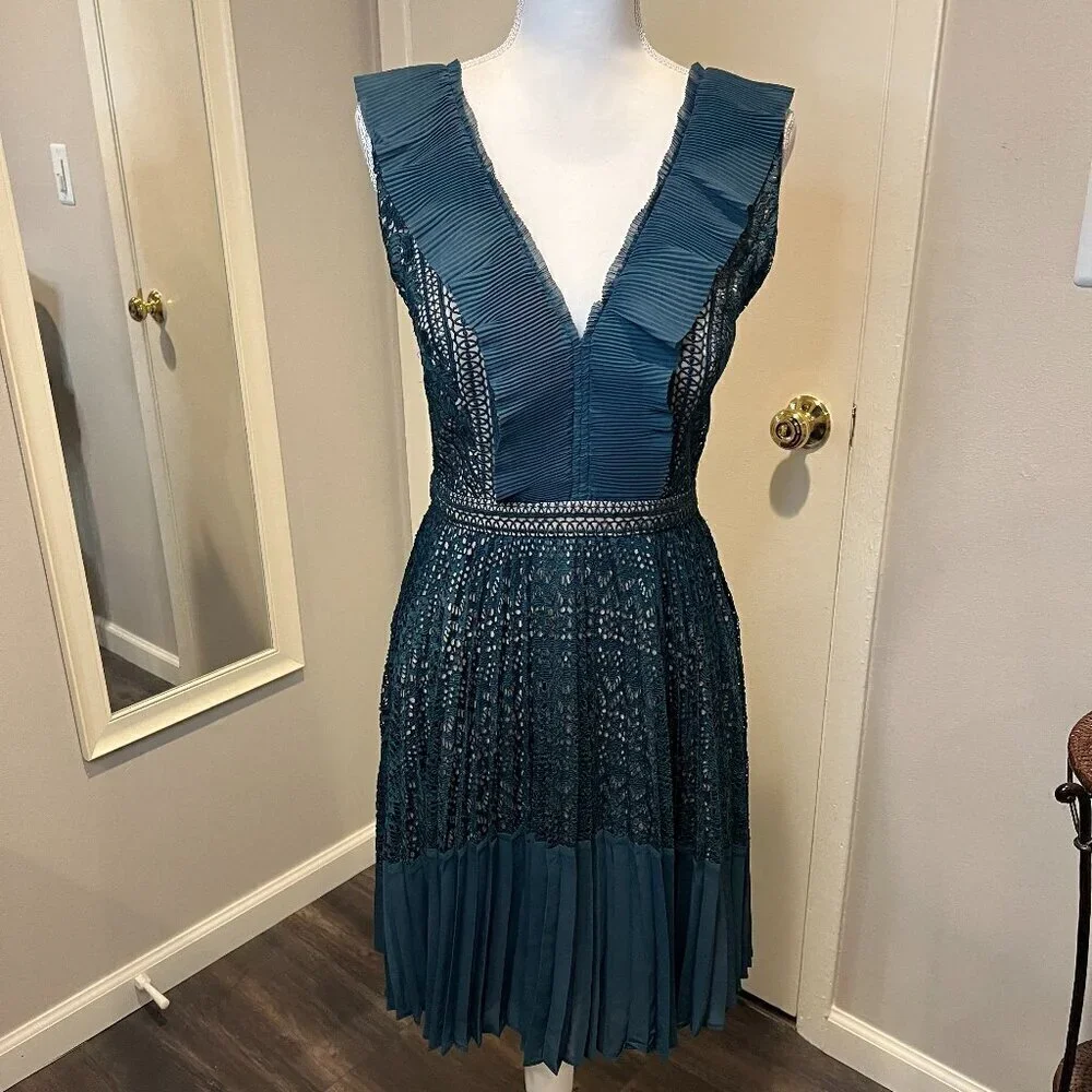 French Connection Teal Orabelle Lace Fit & Flare Ruffle Midi Dress, Size 6